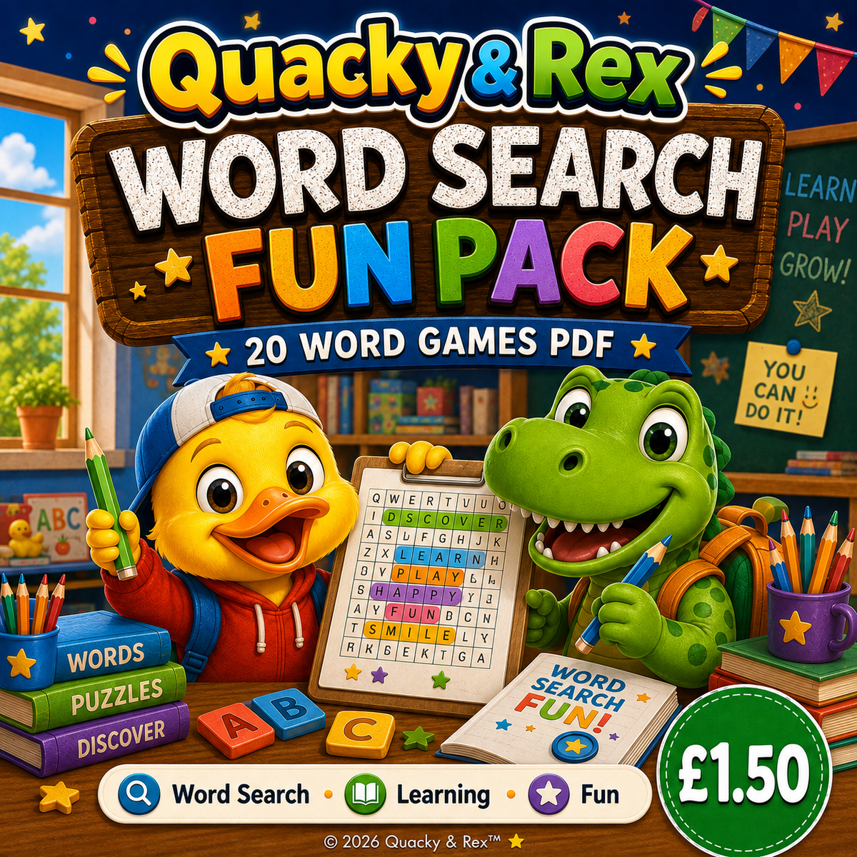 Quacky and Rex Word Search Fun Pack | 20-Page Kids Printable PDF
