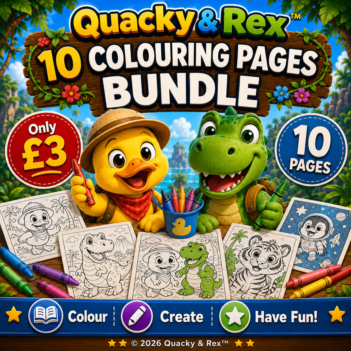 Quacky & Rex™ 10-Page Colouring Bundle
