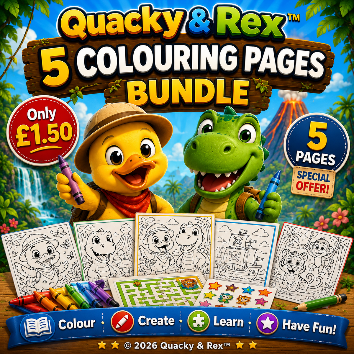 Quacky & Rex™ 5-Page Colouring Bundle