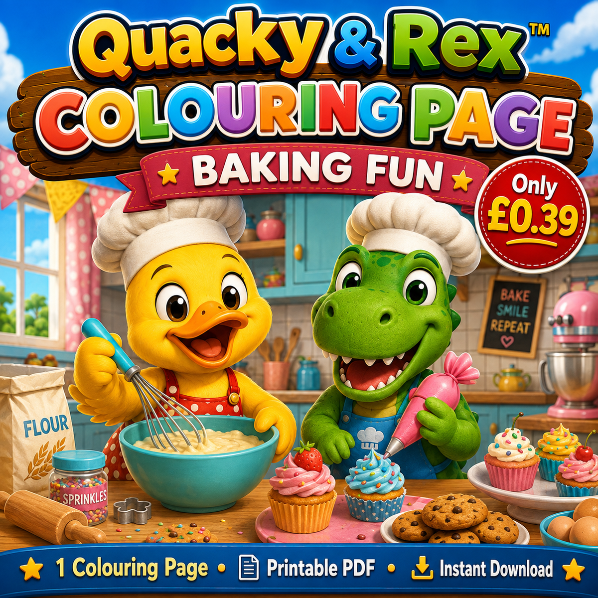 Quacky & Rex Colouring Page – Baking Fun