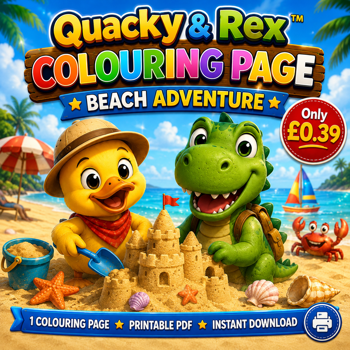 Quacky & Rex Colouring Page – Beach Adventure