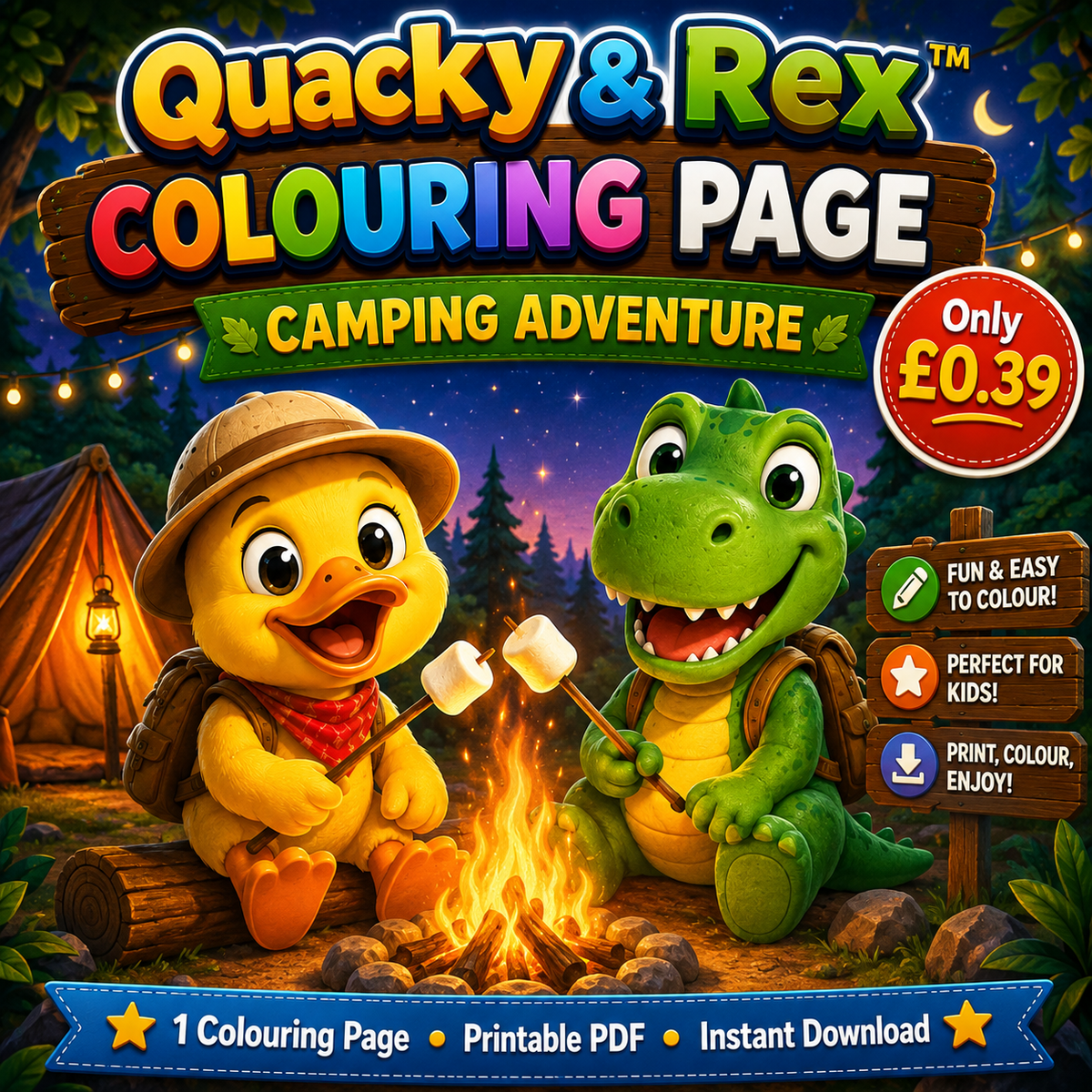 Quacky & Rex Colouring Page – Camping Adventure