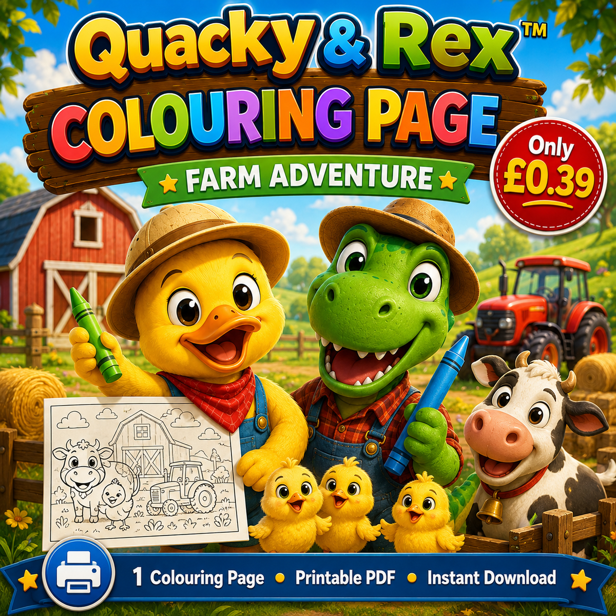Quacky & Rex Colouring Page – Farm Adventure