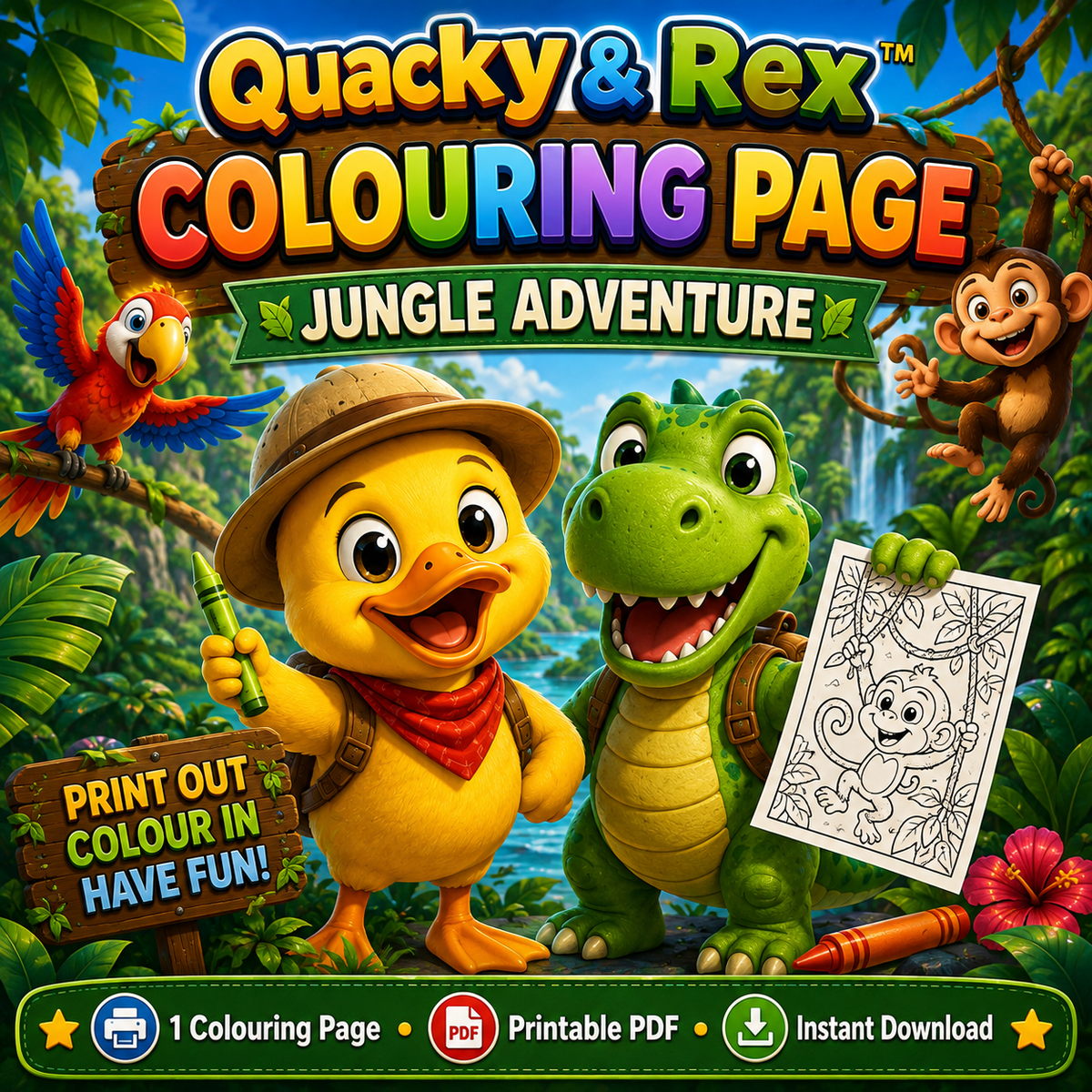 Quacky & Rex Colouring Page – Jungle Adventure