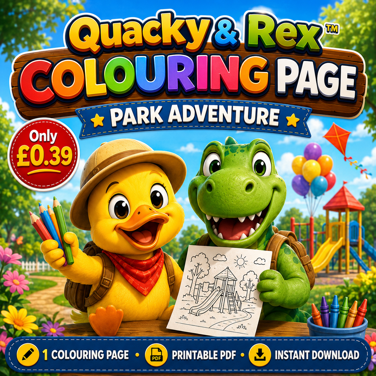 Quacky & Rex Colouring Page – Park Adventure