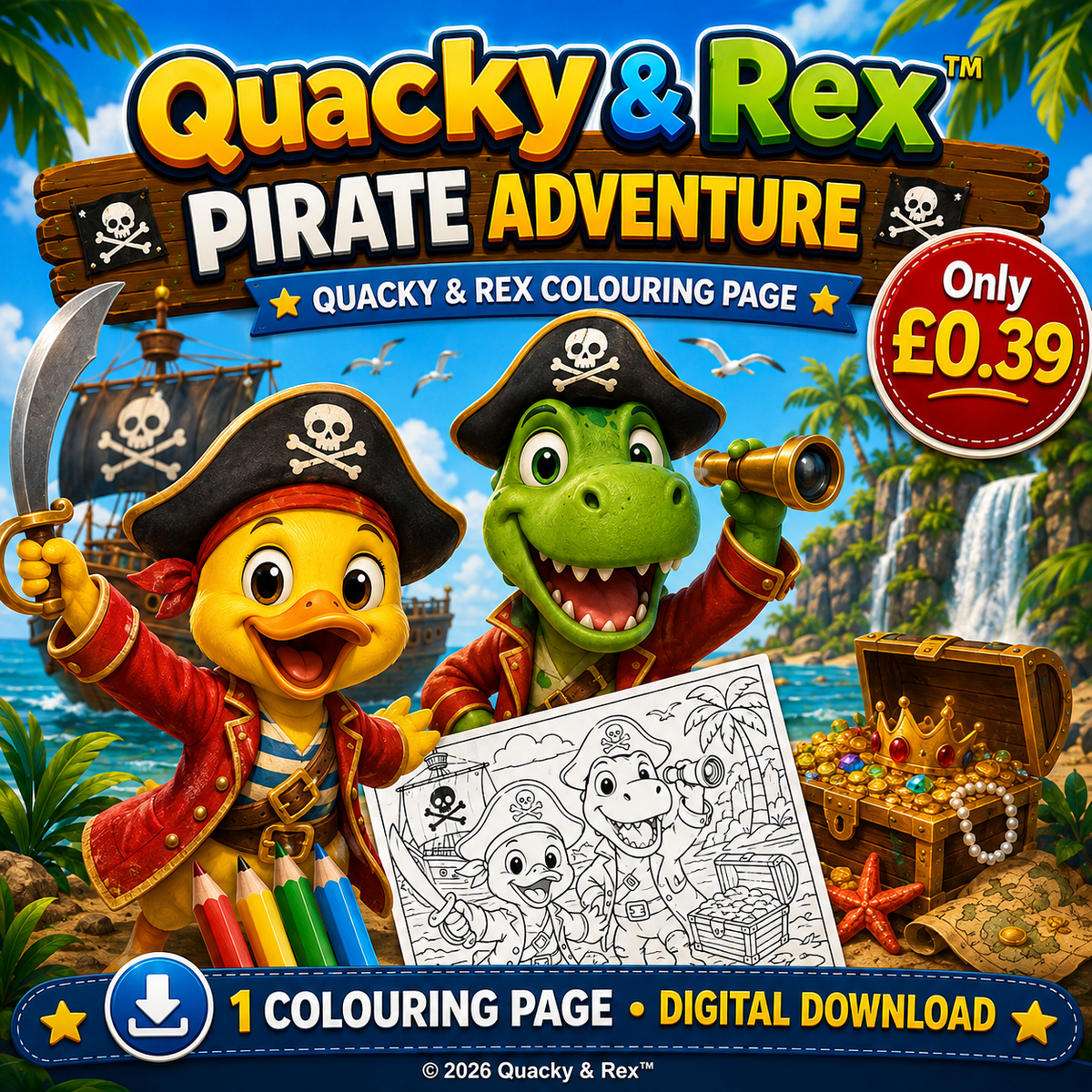 Quacky & Rex Colouring Page – Pirate Adventure