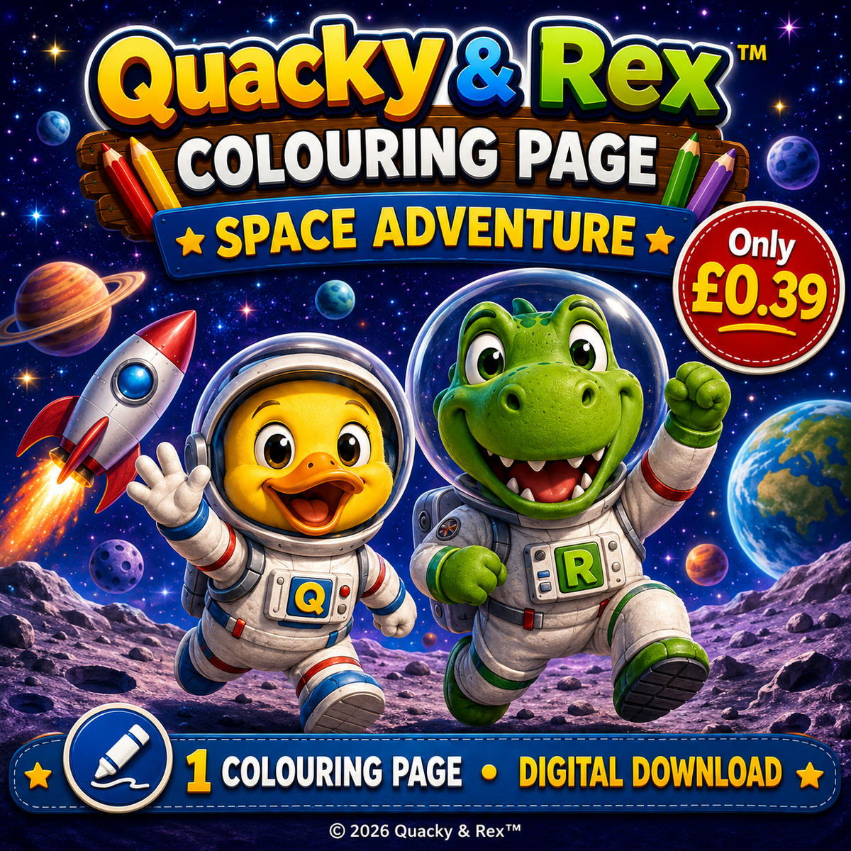 Quacky & Rex Colouring Page – Space Adventure
