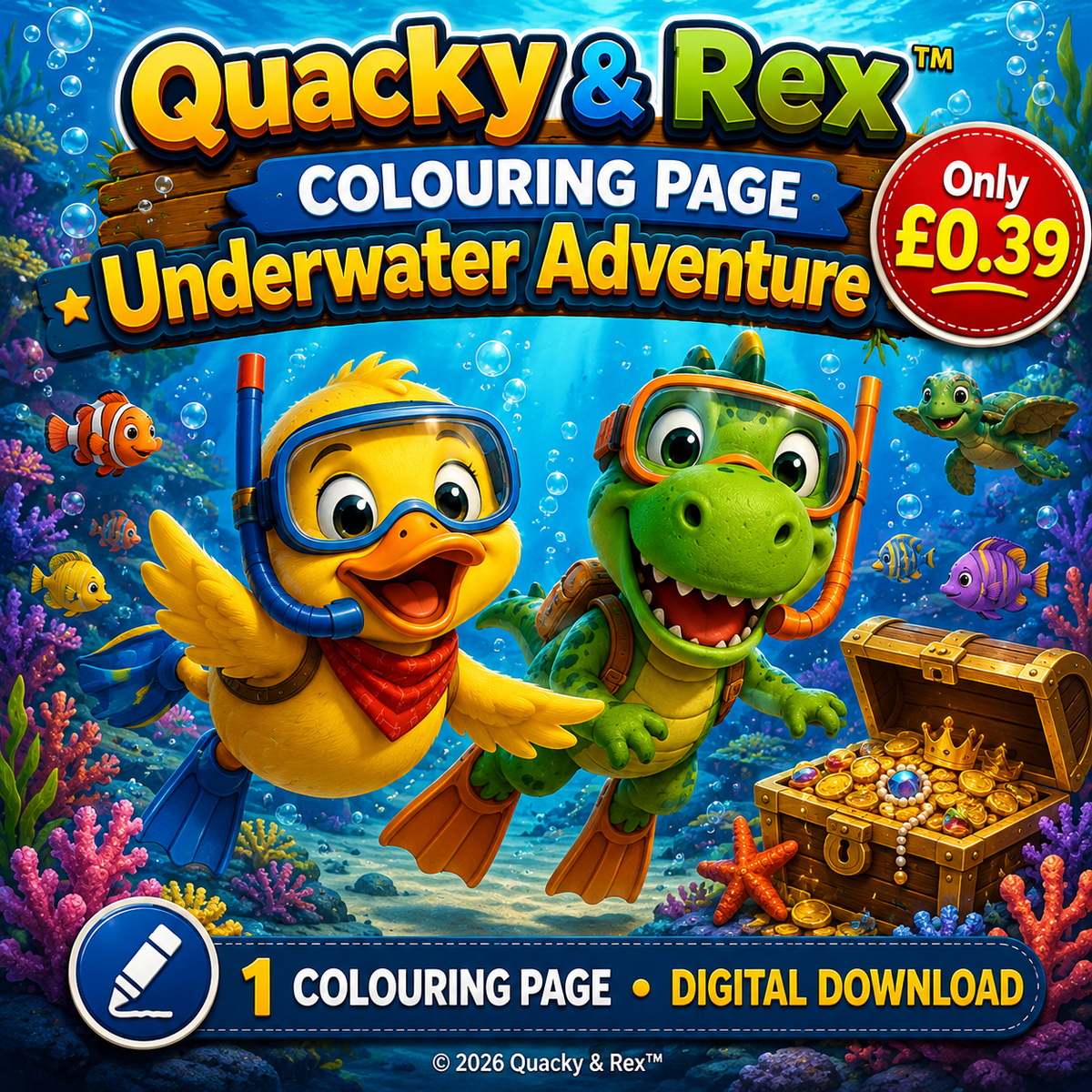 Quacky & Rex Colouring Page – Underwater Adventure
