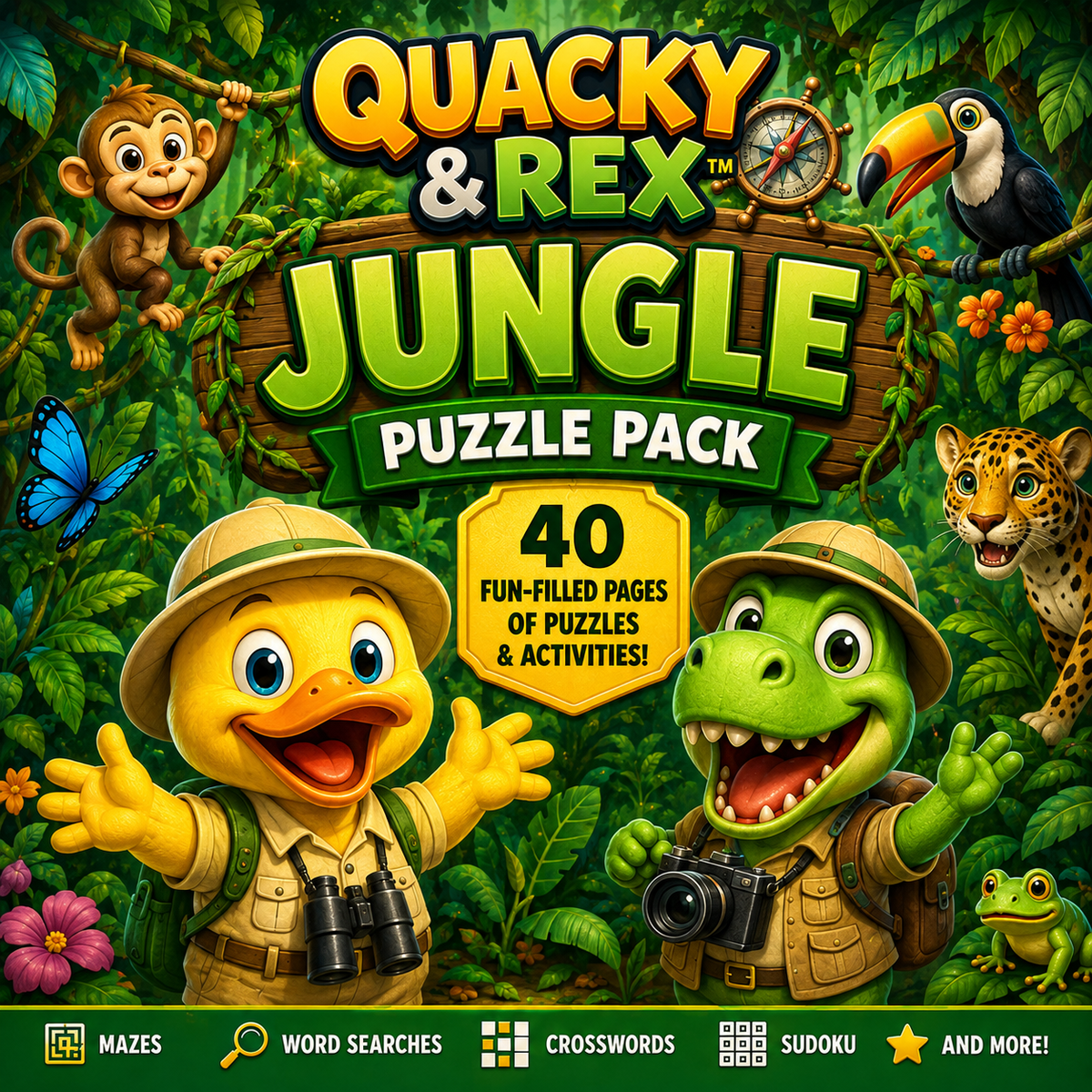 🌴 Quacky & Rex™ Jungle Puzzle Pack — 40 Pages