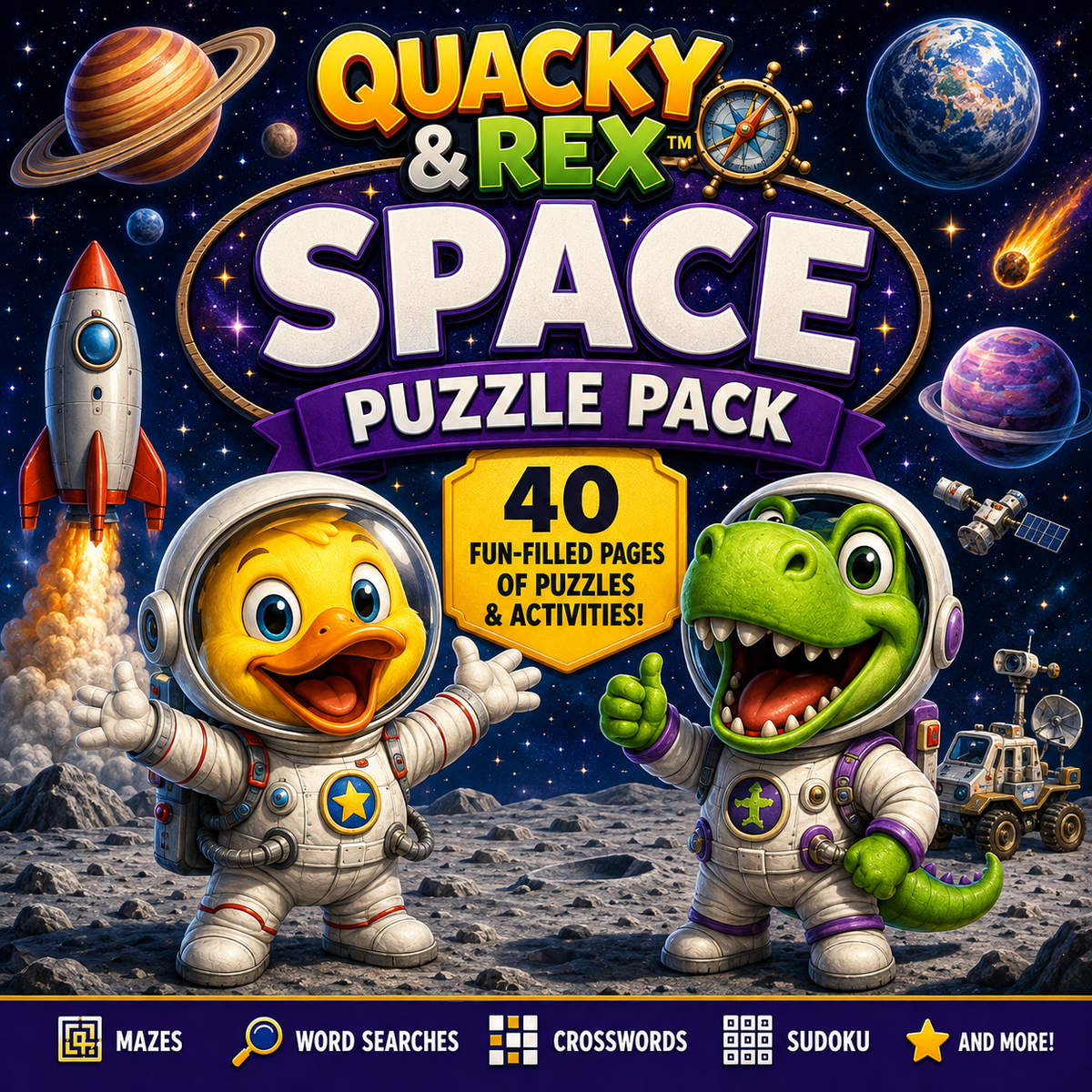 🚀 Quacky & Rex™ Space Puzzle Pack — 40 Pages
