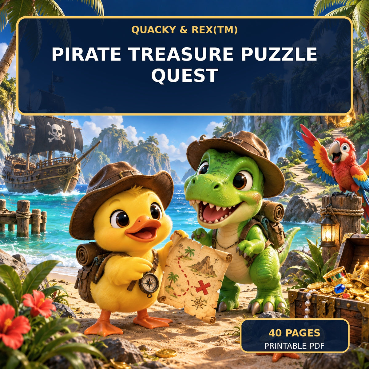 🏴‍☠️ Quacky & Rex™ Pirate Treasure Puzzle Quest — 40 Pages