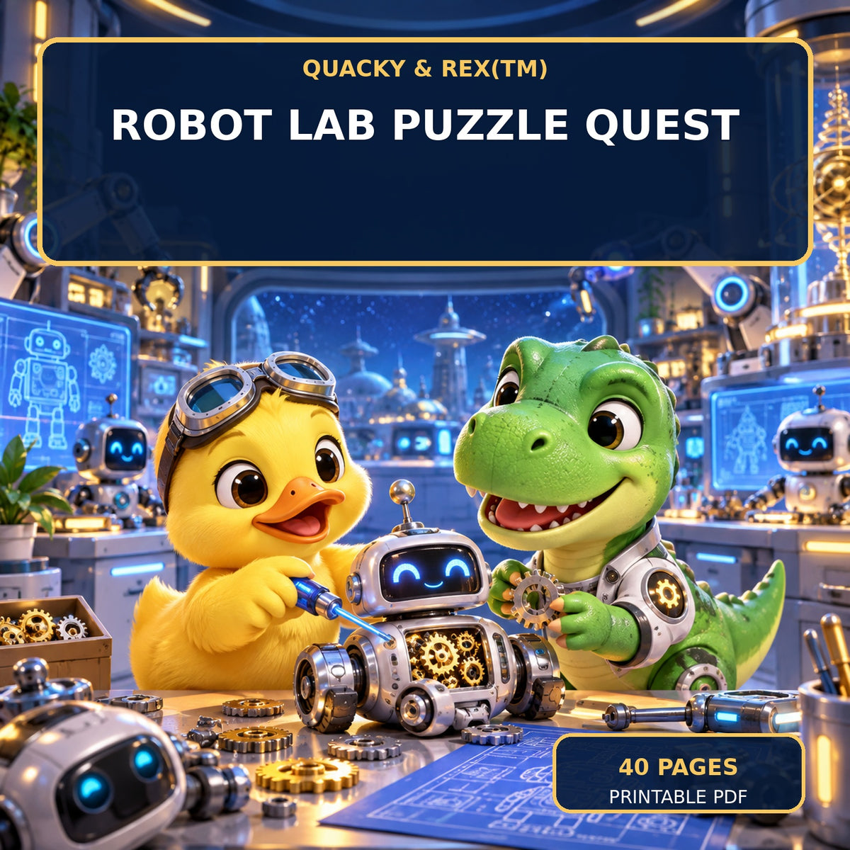 🤖 Quacky & Rex™ Robot Lab Puzzle Quest — 40 Pages