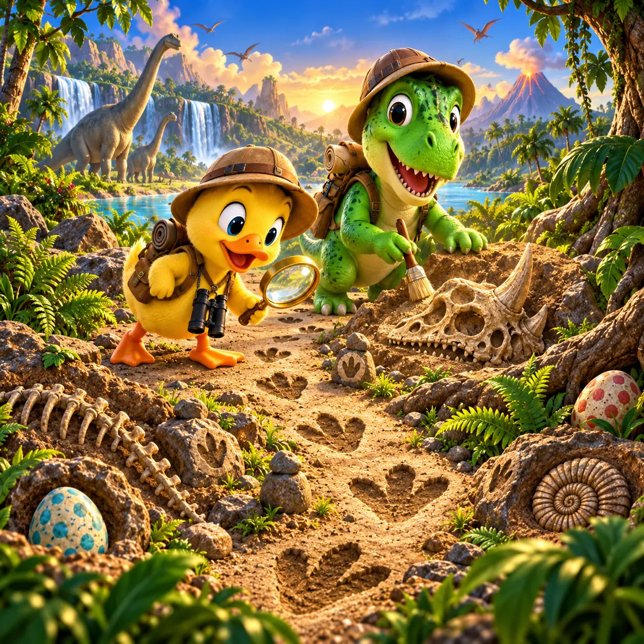 Quacky and Rex exploring a prehistoric world